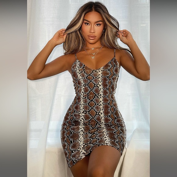 Brown Snake Print Mini Dress - Picture 1 of 4